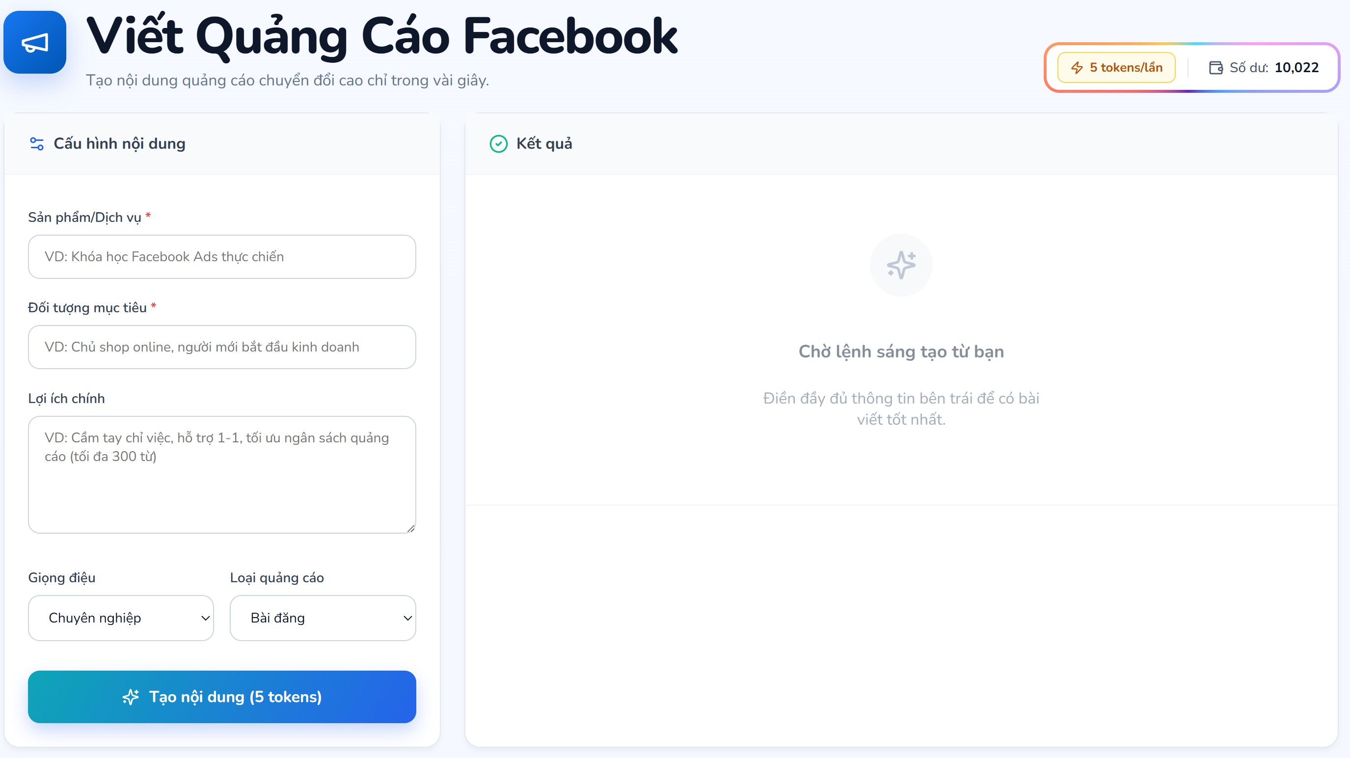 Ảnh chụp giao diện công cụ viết nội dung quảng cáo Facebook